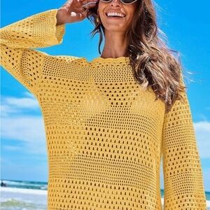 Bright Yellow Mesh Crochet Pullover Beach Cover Up Medium